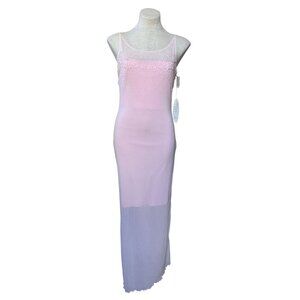 Vintage 1990s NWT Cassandra Stone Beaded Blush Pink Mesh Tulle Maxi Prom Dress